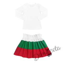 Комплект за момиче от детска пола в бяло, зелено и червено и блуза в бяло с дълъг ръкав