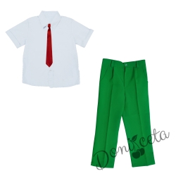 Комплект от 3 части панталон в зелено,  риза с яка в бяло с къс ръкав и вратовръзка
