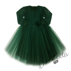 Официална дълга детска рокля Криска от дантела и тюл в тъмнозелено с дълъг ръкав
