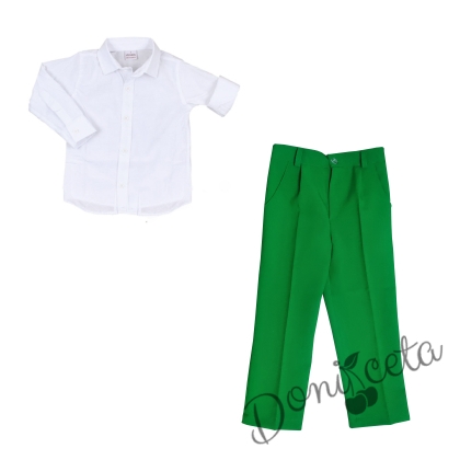 Комплект от 2 части панталон в зелено и риза с яка в бяло с дълъг ръкав 1