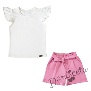 Летен комплект момиче от къси панталони в розово и тениска в бяло 565865