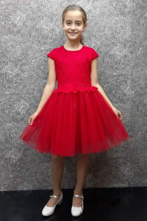 Детска официална рокля с къс ръкав от дантела и тюл в червено