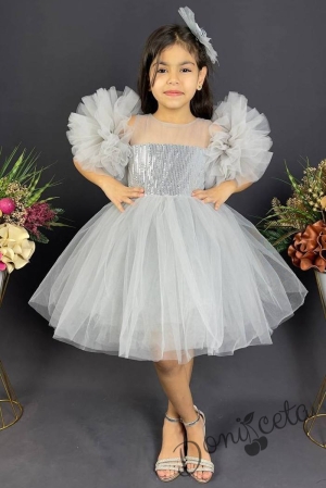 Официална детска рокля Блян с богат тюл в сребристо с блясък