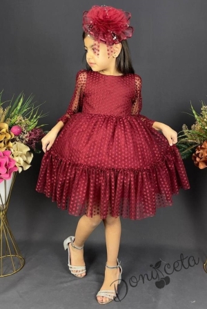 Детска рокля с ръкав 7-8 в бордо с точки Зея