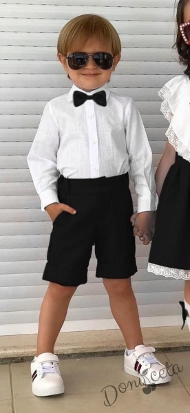 Комплект от риза в бяло с дълъг ръкав, къси панталони  и папийонка в черно за момче