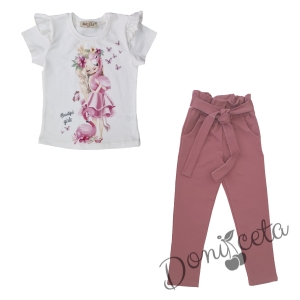 Детски комплект от тениска с фламинго в бяло и  панталони в пепел от рози