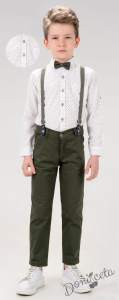 Комплект от панталон в тъмно зелено, риза в бяло точки, тиранти и папийонка  71727374