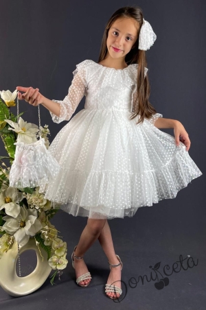 Официална детска рокля на точки в бяло, с ръкав 7/8 с чантичка и панделка