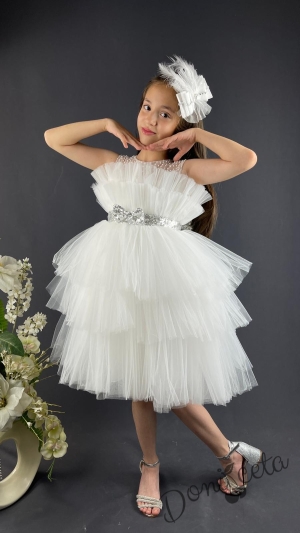 Официална детска рокля без ръкав Фрея - с богат тюл в бяло и панделка за коса