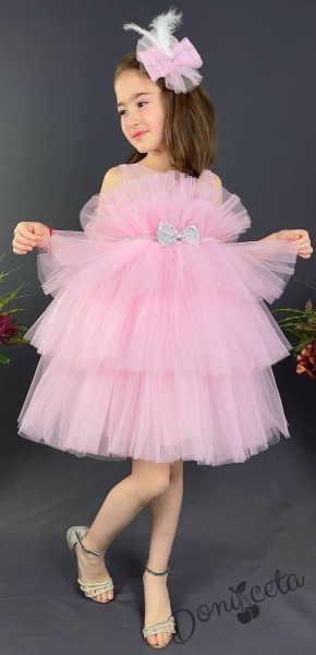 Официална детска рокля без ръкав Фрея с богат тюл в розово и панделка за коса