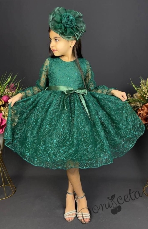 Официална детска рокля с ръкав Сабрина - от тюл и дантела с блясък и фиба за коса в тъмнозелено