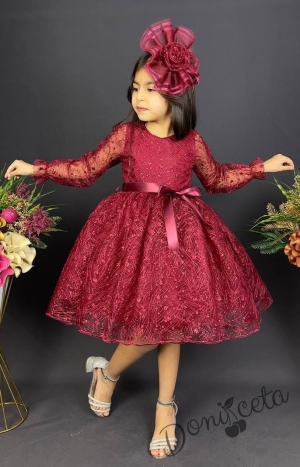 Официална детска рокля с ръкав Сабрина - от тюл и дантела с блясък и фиба за коса в бордо