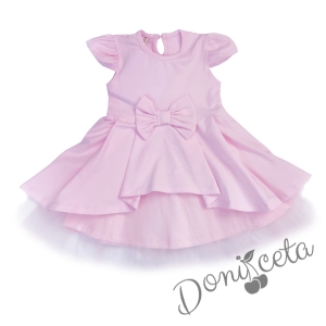 Официална или ежедневна детска рокля Надежда в розово с къс ръкав панделка и тюл 435467