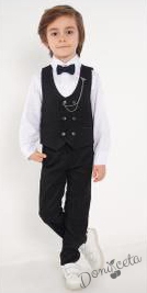 Официален костюм за момче от 4 части елек , риза в бяло, панталон и папийонка в черно и брожка-верижка