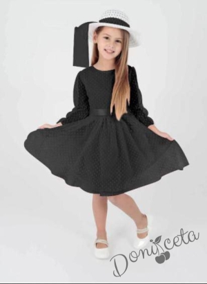 Официална детска рокля на точки в черно от тюл, дълъг ръкав, коланче и капела Хейли