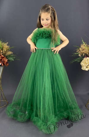 Официална детска дълга рокля Аделина в зелено с тюл без ръкав и харбала в долната част