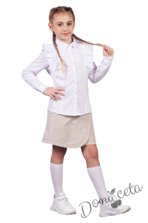 Детска риза за момиче с дълъг ръкав в бяло с къдрици