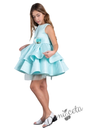 Официална детска рокля в тюркоаз от богат тюл и сатен без ръкав с пола на пластове, сатенен широк колан Ориана 1