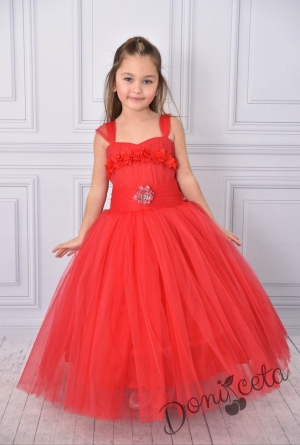 Официална дълга детска рокля в червено без ръкав от тюл с блясък с обръч Андреан 1
