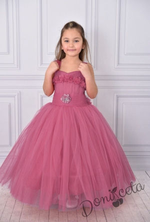Официална дълга детска рокля в пепел от розови без ръкав от тюл с блясък с обръч Андреан 1
