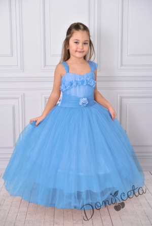 Официална дълга детска рокля в синьо без ръкав от тюл с блясък с обръч Андреан