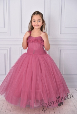 Официална дълга детска рокля в пепел от рози без ръкав от тюл с обръч и блясък на колана Андреан 1