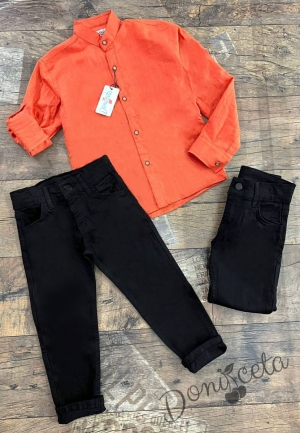 Комплект от дънков панталон в черно и риза в оранжево без яка