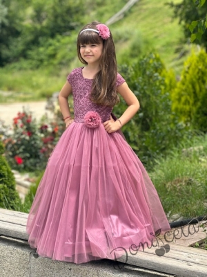Официална дълга детска рокля Криска от дантела и тюл в пепел от рози  1