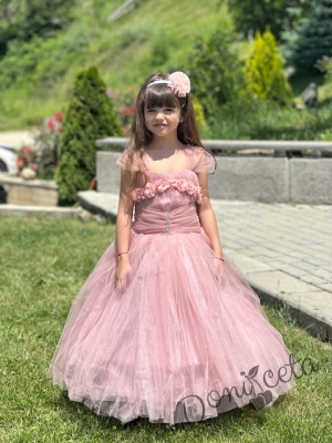 Официална дълга детска рокля в пепел от рози  с обръч Андреан 1