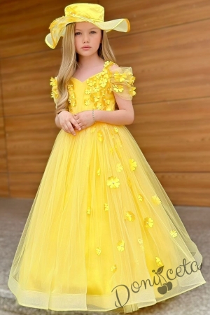 Официална детска дълга рокля в жълто без ръкав с тюл, обръч и 3D цветя с капела Беладона 1