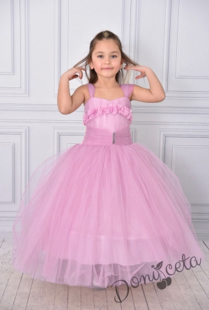 Официална дълга детска рокля в розово без ръкав от тюл с блясък с обръч Андреан 1