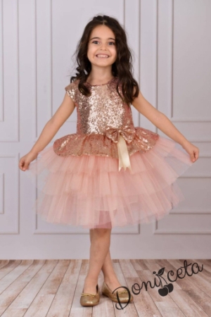 Детска официална рокля в прасковено от пайети и тюл на пластове Валериа
