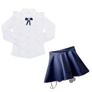 Комплект от блуза в бяло с къдрици и брошка и кожена пола в тъмносиньо