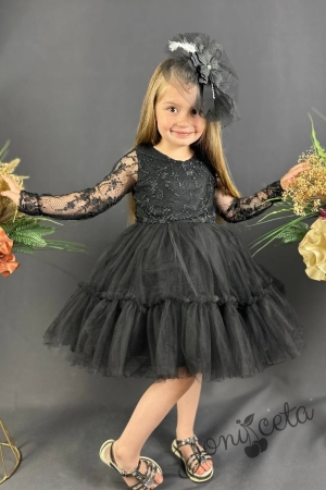 Празнична детска рокля Тера с дълъг ръкав от дантела и тюл в черно с харбала и панделка за коса