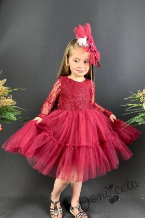 Празнична детска рокля Тера с дълъг ръкав  от дантела и тюл в бордо с харбала и панделка за коса 1