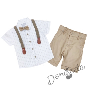 Летен комплект за момче от панталон в бежово, риза в бяло и орнаменти, тиранти и папийонка в бежово 3