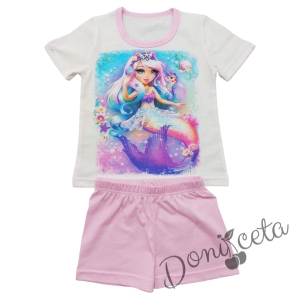 Children's short sleeve pink and white mermaid pajamas for girls