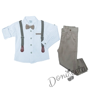 Детски комплект с тиранти, панталон и папийонка в бежово и риза в бяло с орнаменти 7663040912 1