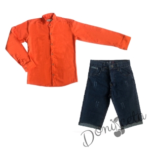 Комплект от риза за момче в оранжево и дънки 7/8 в тъмносиньо