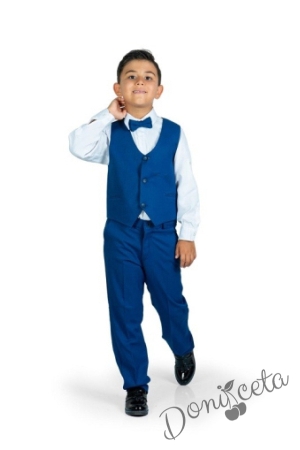 Официален костюм за момче от 4 части елек , риза в бяло, панталон и папийонка в синьо