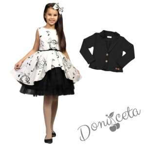 Комплект от официална детска рокля с ноти и тюл Кларисия със сако в черно 1