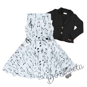 Комплект от официална детска рокля с ноти тип клош Анита и сако в черно 1