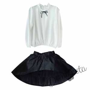 Комплект от риза в бяло на Contrast и  изрязана кожена пола в черно 1