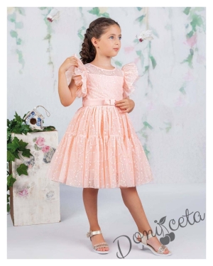 Официална детска рокля в прасковено с дантела Монел 1