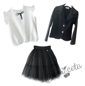 Комплект от 3 части риза в бяло с  къс ръкав тюлена пола и сако в черно Contrast 1