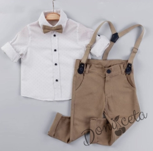 Детски комплект от тиранти, панталон и папийонка в тъмнобежово и риза в бяло с нежни орнаменти 1