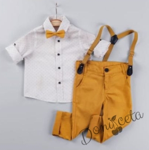 Детски комплект от тиранти, панталон и папийонка в горчица и риза в бяло с нежни орнаменти 1