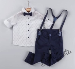Детски комплект от тиранти, панталон и папийонка в тъмносиньо и риза в бяло с нежни орнаменти 1