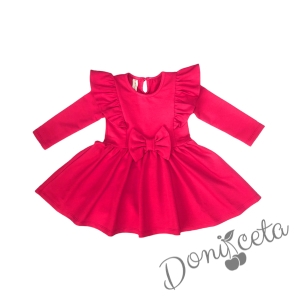 Детска рокля в цвят малина с дълъг ръкав с панделка 1
