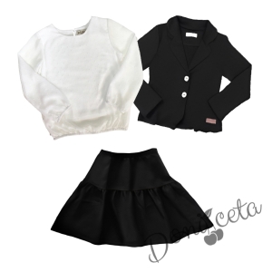 Детски комплект от 3 части - блуза с дълъг ръкав в екрю с аксесоар и пола със сако в черно